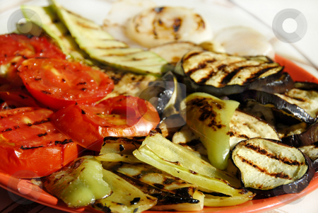 Grilled vegetables Grilled vegetables stock photo, Grilled paprika, tomatoes and aubergines served on red plate by Julija Sapic