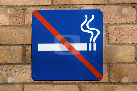 No Smoking No Smoking stock photo, Blue no smoking sign on a red brick wall by Darren Pattterson