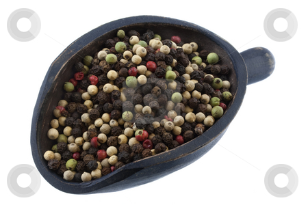 Scoop of colorful rainbow peppercorns Scoop of colorful rainbow peppercorns stock photo, Mix of four premium peppers - Tellicherry Black, Madagascar Green, Malaysian White and East Indian Pink on a rustic wooden scoop, isolated on white by Marek Uliasz