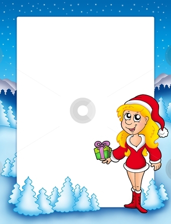 To use this stock image in your creative project, please select the size you need over to the right and click the "Add to Cart" button.
Your downloaded image will come with the Cutcaster watermark removed so don’t worry about the watermark you see on this page. Christmas frame with cute girl stock photo, Christmas frame with cute girl - color illustration. by Klara Viskova