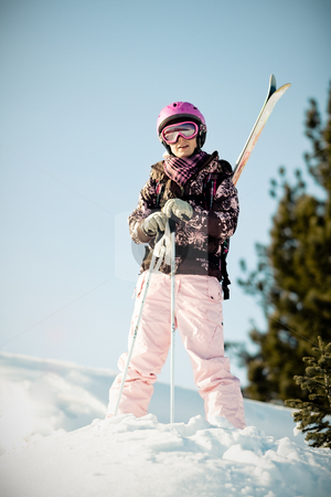 Girl with skis Girl with skis stock photo, Young girl with skis on back by Peter Kirillov