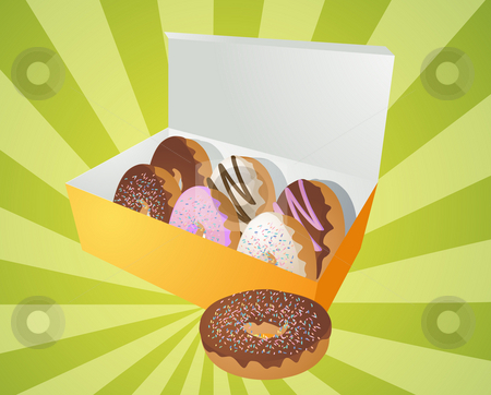 To use this stock image in your creative project, please select the size you need over to the right and click the "Add to Cart" button.
Your downloaded image will come with the Cutcaster watermark removed so don’t worry about the watermark you see on this page. Box of donuts illustration stock photo, Box of assorted donuts illustration on radial burst by Kheng Guan Toh