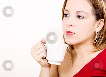 Woman Woman stock photo, Young woman drinking coffee over white background by Giuseppe Ramos
