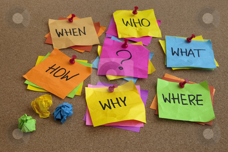 Unanswered questions - brainstorming concept Unanswered questions - brainstorming concept stock photo, Who, what, where, when, why, how questions - uncertrainty, brainstorming or decision making concept, colorful crumpled sticky notes on cork bulletin board by Marek Uliasz