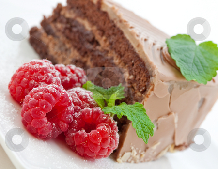 Fresh chocolate cake with raspberries Fresh chocolate cake with raspberries stock photo, Fresh chocolate cake with raspberries on a white plate by Robert Anthony