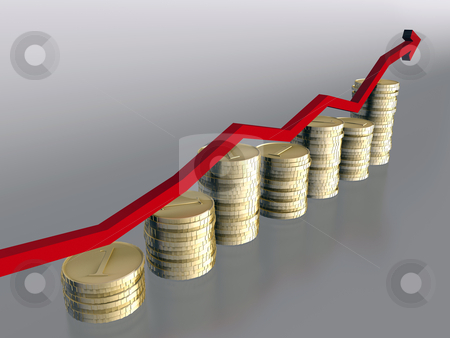 To use this stock image in your creative project, please select the size you need over to the right and click the "Add to Cart" button.
Your downloaded image will come with the Cutcaster watermark removed so don’t worry about the watermark you see on this page. Coins stock photo, 3d rendered image of gold coins and red arrow by Mile Atanasov
