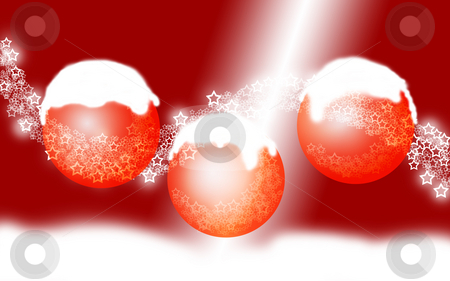 Christmas Theme Christmas Theme stock photo, Christmas Theme Red Background with Orange Bauble Balls, Snow and Bright Lacy Icy Stars by Skovoroda