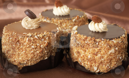 Miniature chocolate cakes Miniature chocolate cakes stock photo, Three miniature chocolate meringue cakes with cream and almonds on silk background by Elena Weber (nee Talberg)