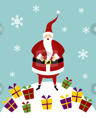 Christmas serie: Happy Santa Claus on a snow mountain with lot o Christmas serie: Happy Santa Claus on a snow mountain with lot o stock vector clipart, Happy Santa Claus standing on a snow mountain with a lot of colorful gifts. by Cienpies Design