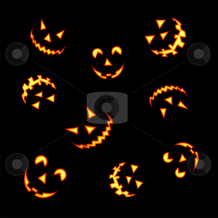 To use this stock image in your creative project, please select the size you need over to the right and click the "Add to Cart" button.
Your downloaded image will come with the Cutcaster watermark removed so don’t worry about the watermark you see on this page. Halloween pumpkin faces stock vector clipart, Halloween pumpkin faces lit brightly on black background by Cienpies Design
