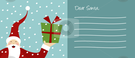 Christmas series: Happy Santa Claus and snowflakes letter backgr Christmas series: Happy Santa Claus and snowflakes letter backgr stock vector clipart, Xmas card background. Happy Santa Claus with gift on his left hand over floating snowflakes. by Cienpies Design