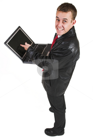 To use this stock image in your creative project, please select the size you need over to the right and click the "Add to Cart" button.
Your downloaded image will come with the Cutcaster watermark removed so don’t worry about the watermark you see on this page. Business man #19 stock photo, Business man in a suit with a notebook computer by Sean Nel