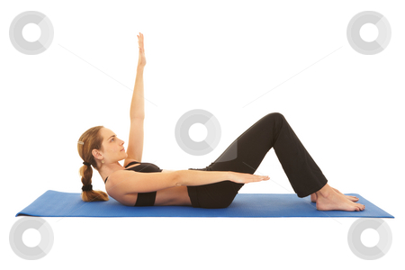 To use this stock image in your creative project, please select the size you need over to the right and click the "Add to Cart" button.
Your downloaded image will come with the Cutcaster watermark removed so don’t worry about the watermark you see on this page. Pilates exercise series stock photo, Fit young brunette pilates instructor showing different exercises on a white background a blue yoga mat. White background NOT ISOLATED by Sean Nel