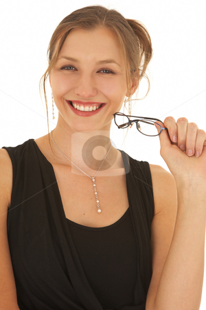 Young caucasian businesswoman Young caucasian businesswoman stock photo, Young adult brunette businesswoman in a black office outfit on a white background. by Sean Nel