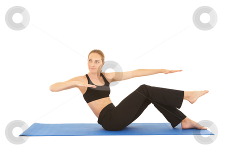 To use this stock image in your creative project, please select the size you need over to the right and click the "Add to Cart" button.
Your downloaded image will come with the Cutcaster watermark removed so don’t worry about the watermark you see on this page. Pilates exercise series stock photo, Fit young brunette pilates instructor showing different exercises on a white background a blue yoga mat. White background NOT ISOLATED by Sean Nel