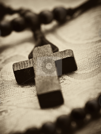Wooden rosary cross Wooden rosary cross stock photo, Rosary cross closeup, shallow DOF , sepia toned by Vladimir Koletic