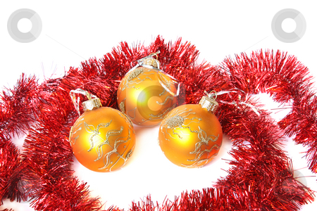 Christmas balls and a tinsel Christmas balls and a tinsel stock photo, Golden Christmas balls and red tinsel. Isolated on white by Olga Lipatova