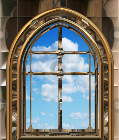 Gothic or scifi window with blue sky Gothic or scifi window with blue sky stock photo, Image of a gothic or science fiction window looking onto cloudy blue sky by Phil Morley