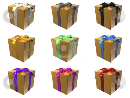 Gift boxes Gift boxes stock photo, 9 orange gift boxes with different ribbon colors by Mile Atanasov