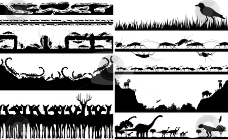 To use this stock image in your creative project, please select the size you need over to the right and click the "Add to Cart" button.
Your downloaded image will come with the Cutcaster watermark removed so don’t worry about the watermark you see on this page. Animal foregrounds stock vector clipart, Set of editable vector foregrounds of animal scenes with all individual animals as separate objects by Robert Adrian Hillman