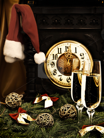 New Year New Year stock photo, New Year composition with old clock, champagne,