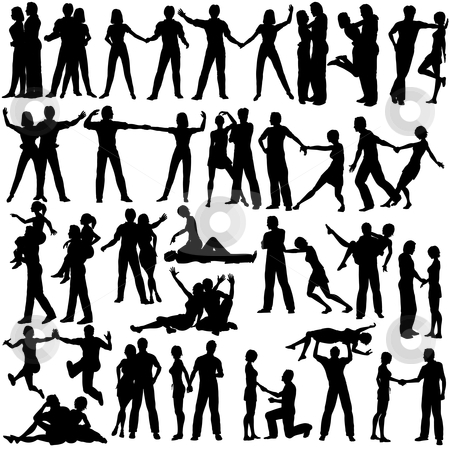 To use this stock image in your creative project, please select the size you need over to the right and click the "Add to Cart" button.
Your downloaded image will come with the Cutcaster watermark removed so don’t worry about the watermark you see on this page. Couples stock vector clipart, Set of editable vector silhouettes of man and woman couples with every figure as a separate object by Robert Adrian Hillman