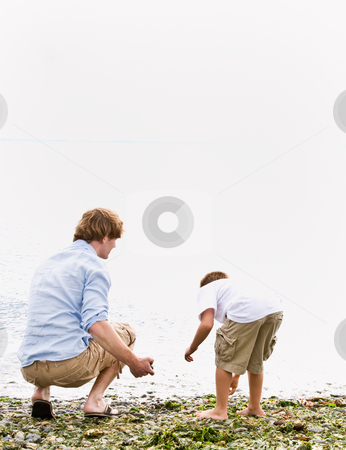 To use this stock image in your creative project, please select the size you need over to the right and click the "Add to Cart" button.
Your downloaded image will come with the Cutcaster watermark removed so don’t worry about the watermark you see on this page. Father and son gathering rocks at beach stock photo, Father and son gathering rocks at beach by Jonathan Ross