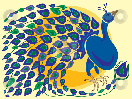 To use this stock image in your creative project, please select the size you need over to the right and click the "Add to Cart" button.
Your downloaded image will come with the Cutcaster watermark removed so don’t worry about the watermark you see on this page. Peacock stock vector clipart, Hand drawn illustration of a peacock with colorful tail feathers in front of an orange sun on a pale yellow background by Mike Smith