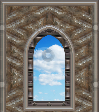 To use this stock image in your creative project, please select the size you need over to the right and click the "Add to Cart" button.
Your downloaded image will come with the Cutcaster watermark removed so don’t worry about the watermark you see on this page. Gothic or scifi window with blue sky stock photo, Image of a gothic or science fiction window looking onto cloudy blue sky by Phil Morley