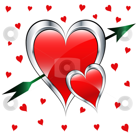 To use this stock image in your creative project, please select the size you need over to the right and click the "Add to Cart" button.
Your downloaded image will come with the Cutcaster watermark removed so don’t worry about the watermark you see on this page. Valentine day love hearts with arrow stock vector clipart, Valentine day love hearts in silver and red with a green arrow set on a white background with small red hearts. by toots77