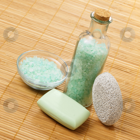 Spa Scene Spa Scene stock photo, Bath products on display against a bamboo mat. by Christopher Nuzzaco