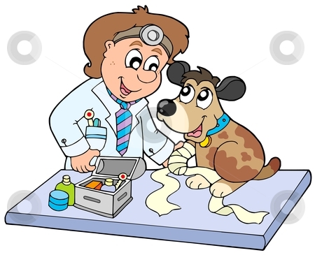 To use this stock image in your creative project, please select the size you need over to the right and click the "Add to Cart" button.
Your downloaded image will come with the Cutcaster watermark removed so don’t worry about the watermark you see on this page. Dog with sick paw at veterinarian stock vector clipart, Dog with sick paw at veterinarian - vector illustration. by Klara Viskova