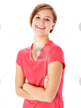 Young Fitness Woman in Red Shirt Isolated on White Young Fitness Woman in Red Shirt Isolated on White stock photo, Pretty, fit, young woman isolated on white, from a complete series of photos. by Christopher Nuzzaco