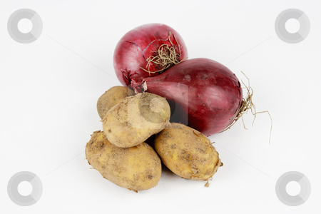 Potatoes and Red Onions Potatoes and Red Onions stock photo, Two raw unpeeled red onions on a reflective white backgrounds by Keith Wilson