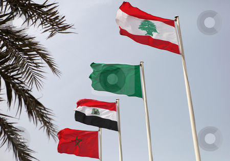 Arab league flags Arab league flags stock photo, The flags of (from the front) Lebanon, Libya, Egypt and Morocco flying during the Arab League summit in Doha, Qatar, March 2009 by Paul Cowan