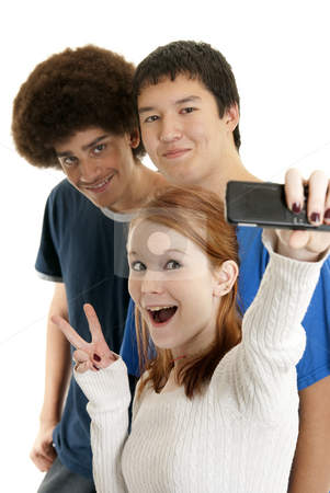 Ethnic teen friends Ethnic teen friends stock photo, Three teens of different ethnic backgrounds smiling for the camera phone by Christy Thompson