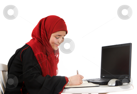 Veiled in the office Veiled in the office stock photo, Young woman in an office, wearing a veil by Anneke
