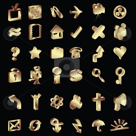 To use this stock image in your creative project, please select the size you need over to the right and click the "Add to Cart" button.
Your downloaded image will come with the Cutcaster watermark removed so don’t worry about the watermark you see on this page. 3D gold icons set stock photo, 3D gold icons set on black, vectors by Richard Laschon