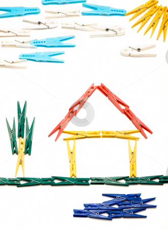 Clothespin house Clothespin house stock photo, House and surrounding outline made from colored clothes pegs, like children's drawings. by Sinisa Botas