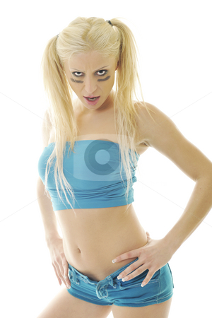 Cute blond girl Cute blond girl stock photo, Young woman exercise fitness isolated on white on blue clothing and with red pilates ball by Benis Arapovic