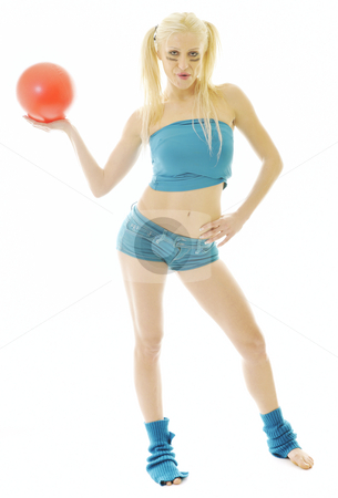 Cute blond girl Cute blond girl stock photo, Young woman exercise fitness isolated on white on blue clothing and with red pilates ball by Benis Arapovic