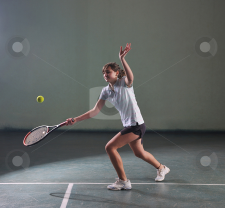 Tennis girl Tennis girl stock photo, Young girl exercise tennis sport indoor by Benis Arapovic