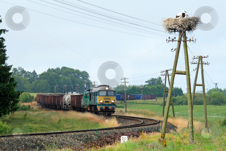 Rural landscape with freight train Rural landscape with freight train stock photo, Freight train passing through countryside with stork nest on the telegraph pole by Jan Remisiewicz