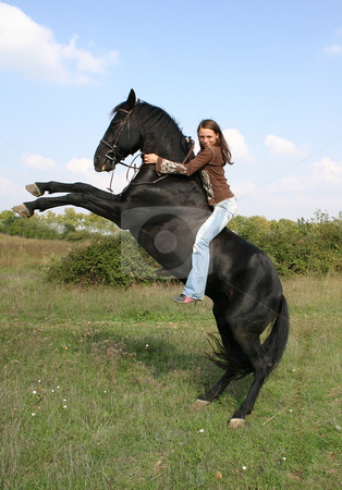 To use this stock image in your creative project, please select the size you need over to the right and click the "Add to Cart" button.
Your downloaded image will come with the Cutcaster watermark removed so don’t worry about the watermark you see on this page. Girl and rearing horse stock photo, Young smiling woman on her black rearing stallion in a field by Bonzami Emmanuelle