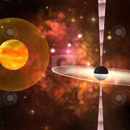 BLACK HOLE BLACK HOLE stock photo, A huge sun encircled by an energy field orbits near a black hole in space. by Corey Ford