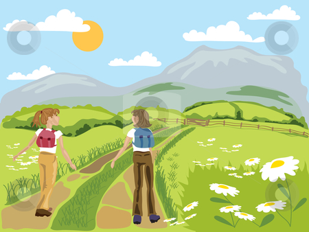 To use this stock image in your creative project, please select the size you need over to the right and click the "Add to Cart" button.
Your downloaded image will come with the Cutcaster watermark removed so don’t worry about the watermark you see on this page. Hiking stock vector clipart, Hand drawn illustration of two women hiking through sunny flower meadows with mountains in the background by Mike Smith