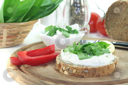 To use this stock image in your creative project, please select the size you need over to the right and click the "Add to Cart" button.
Your downloaded image will come with the Cutcaster watermark removed so don’t worry about the watermark you see on this page. Cottage cheese bread with wild garlic stock photo, A slice of bread with cottage cheese and freshly chopped wild garlic by Marén Wischnewski