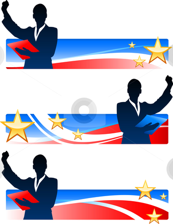 To use this stock image in your creative project, please select the size you need over to the right and click the "Add to Cart" button.
Your downloaded image will come with the Cutcaster watermark removed so don’t worry about the watermark you see on this page. Executive Businesswomen with Patriotic Banners stock vector clipart, Executive Businesswomen with Patriotic Banners Original Vector Illustration by L Belomlinsky