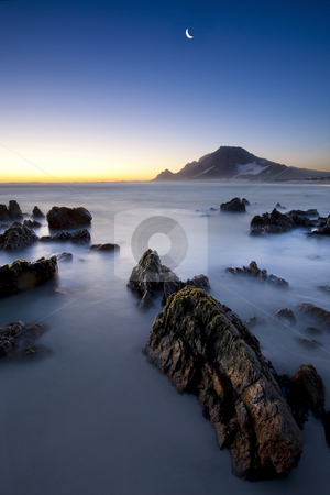Sunset Moon Sunset Moon stock photo, Sunset image with the moon at Hangklip near Cape Town South Africa by Kobus Tollig