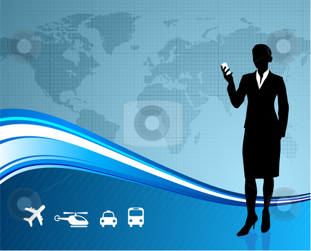 Female Business traveler on global communication background Female Business traveler on global communication background stock vector clipart, by L Belomlinsky
